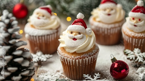 Cupcakes decorated with buttercream santa claus pattern in a brown cup placed on out focus background of Christmas trees with white snow and two red balls