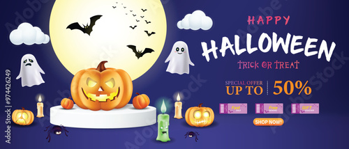 Halloween Promotion Poster or banner template,Halloween celebration with Pumpkin Jack-O'-Lantern,Witch Hat,Ghosts and Spooky Decorations.Halloween Special discount offer on dark night sky background