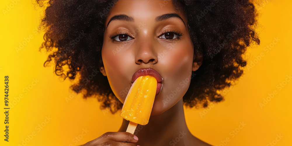 Close-up portrait of a young woman eating and licking a popsicle on a stick. Color background with copy space, banner template Close-up portrait of a young woman eating and licking a popsicle on a stick. Color background with copy space, banner template