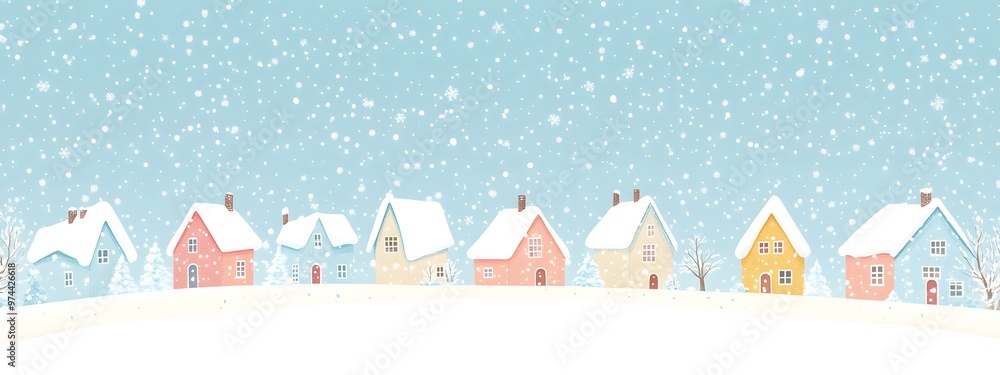 A simple vector illustration of an animated Christmas winter town with houses, snowflakes falling from the sky, and a snowy landscape A simple vector illustration of an animated Christmas winter town with houses, snowflakes falling from the sky, and a snowy landscape