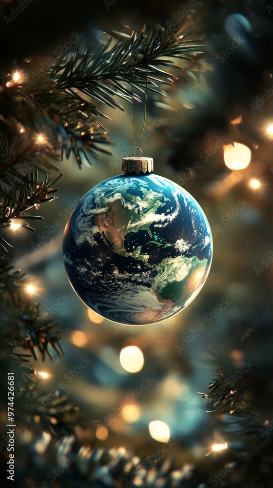 Christmas tree ornament shaped like planet earth hanging on branch, festive decoration concept Christmas tree ornament shaped like planet earth hanging on branch, festive decoration concept