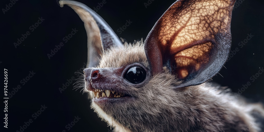 Ultra-close macro shot of a bat's head with fine details of the ears and facial fur in soft lighting Ultra-close macro shot of a bat's head with fine details of the ears and facial fur in soft lighting