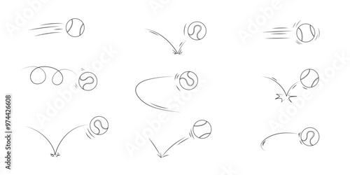 Doodle sport tennis ball trajectory bounce collection. Line hand drawn balls set