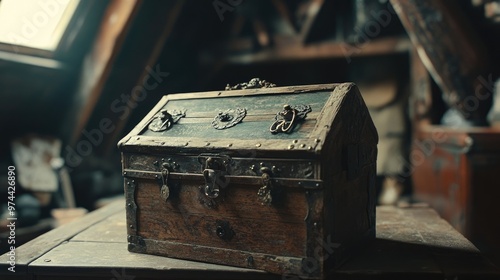 A weathered, antique chest in a hidden attic, filled with mysterious trinkets and forgotten treasures