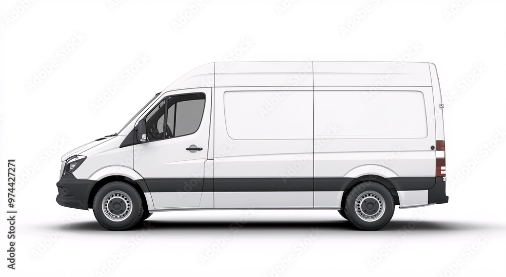 A white delivery van parked against a plain background, showcasing its design and features during daylight hours A white delivery van parked against a plain background, showcasing its design and features during daylight hours