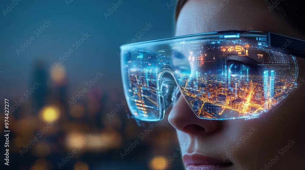 Advanced 5G smart glasses, augmented reality city navigation, clean urban design Advanced 5G smart glasses, augmented reality city navigation, clean urban design
