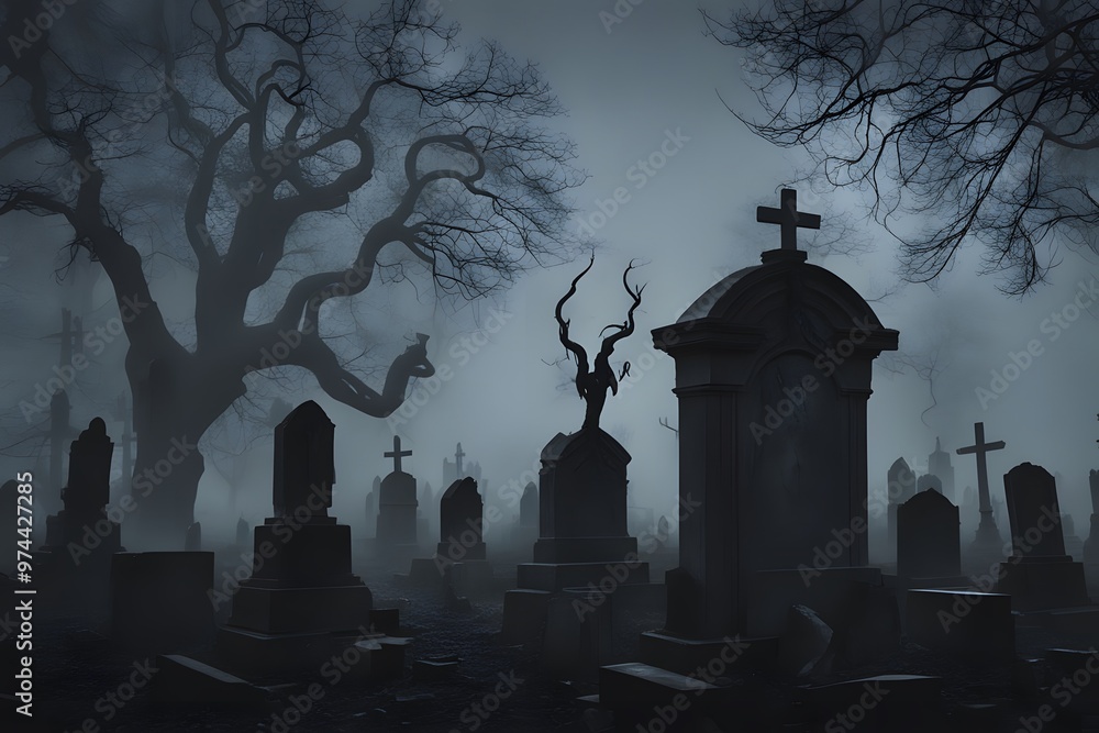 Fototapeta premium A dark foggy graveyard with twisted tree silhouettes and eerie glowing mist creeping, AI Generated