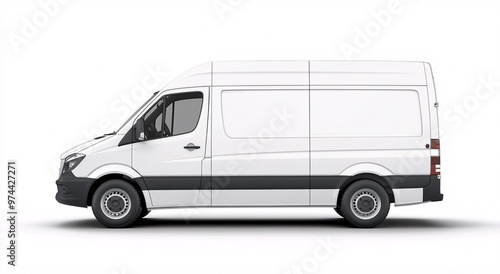 A white delivery van parked against a plain background, showcasing its design and features during daylight hours