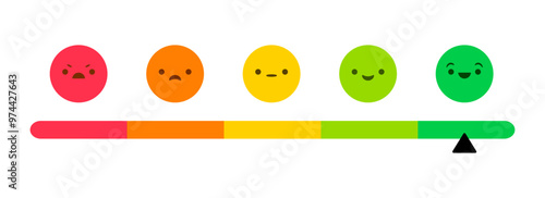 Feedback or rating scale with smiles representing various emotions arranged into horizontal row. Customer's review and evaluation of service or good. Colorful vector illustration in flat style.