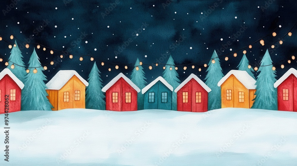 A vibrant winter scene with colorful houses and snow-covered trees illuminated by string lights against a starry night sky A vibrant winter scene with colorful houses and snow-covered trees illuminated by string lights against a starry night sky
