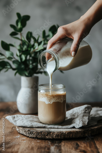 Wallpaper Mural Woman hand pouring milk from glass bottle into open jar of sweet ginger latte coffee. Greenery and concrete wall background, lifestyle  Torontodigital.ca