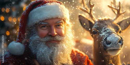 Santa Claus and his trusty reindeer share a heartwarming moment amidst a snowy Christmas scene.