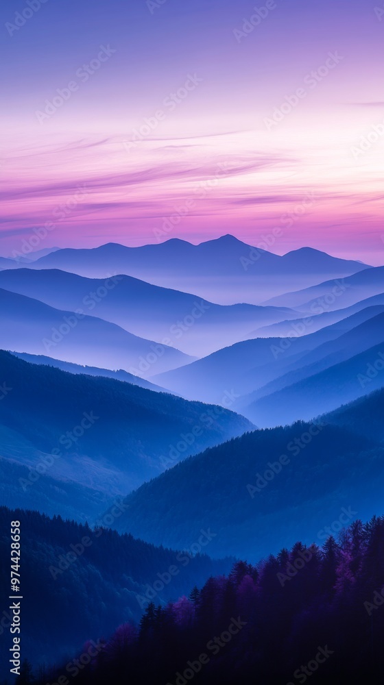 Tranquil Dusk: Majestic Mountain Landscape with Ethereal Purple and Blue Skies