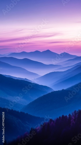 Tranquil Dusk: Majestic Mountain Landscape with Ethereal Purple and Blue Skies