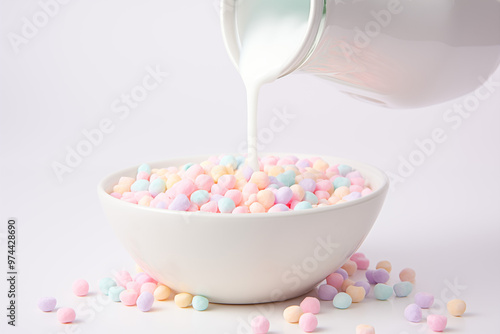 Jar of milk pouring into a bowl of pastel cereal on white background.