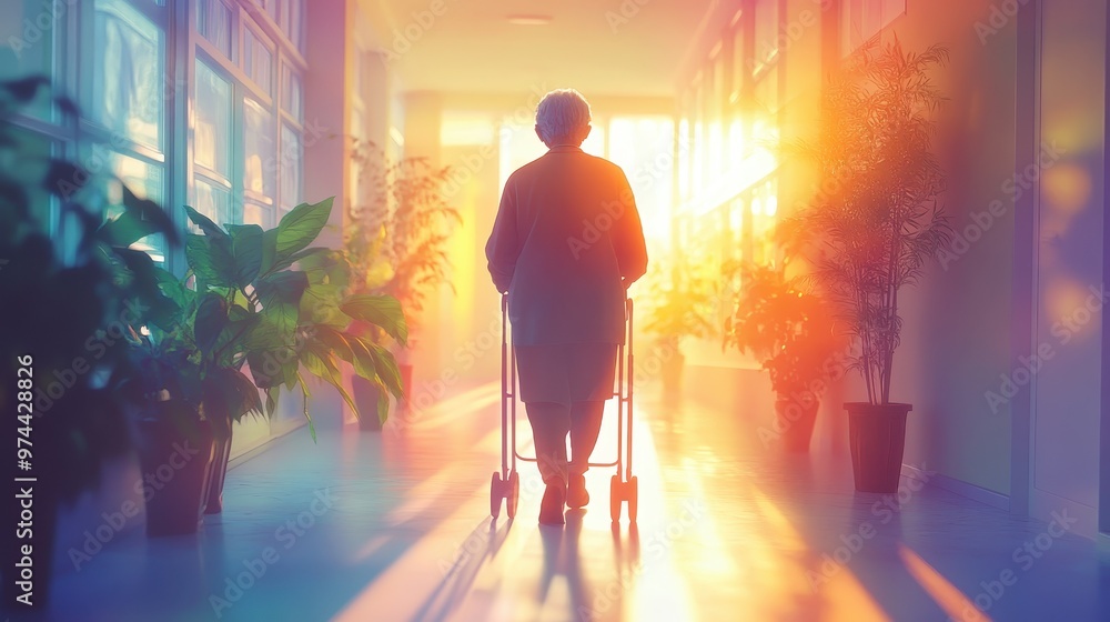 Elderly Person Walking with Assisted Mobility Device in Sunlit Hallway Elderly Person Walking with Assisted Mobility Device in Sunlit Hallway