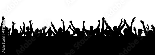Crowd people cheering, cheer hands up. Applause audience. Spectators theater. Cheerful mob fans applauding, clapping. Party, concert, sport. Vector silhouette
