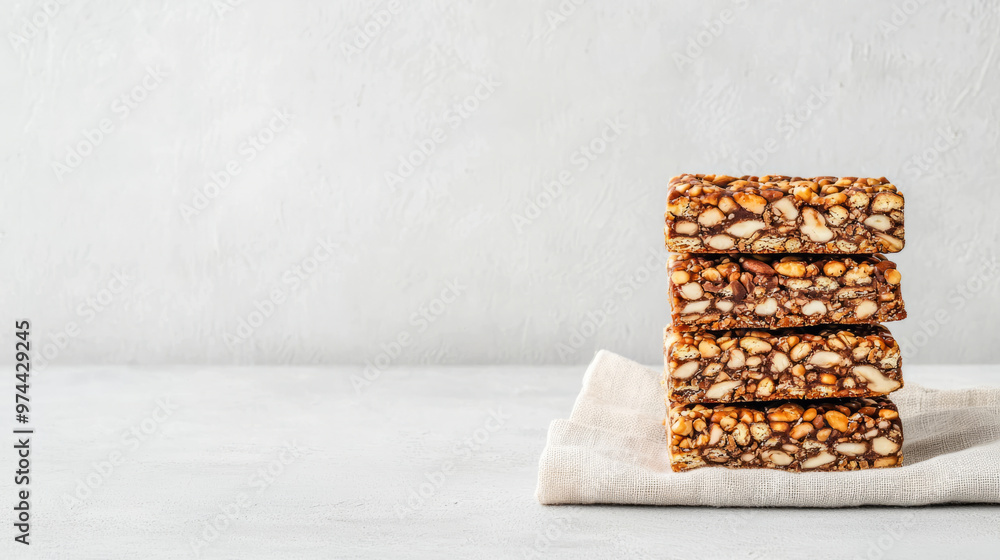 Delicious plant based protein bars stacked neatly on linen cloth Delicious plant based protein bars stacked neatly on linen cloth