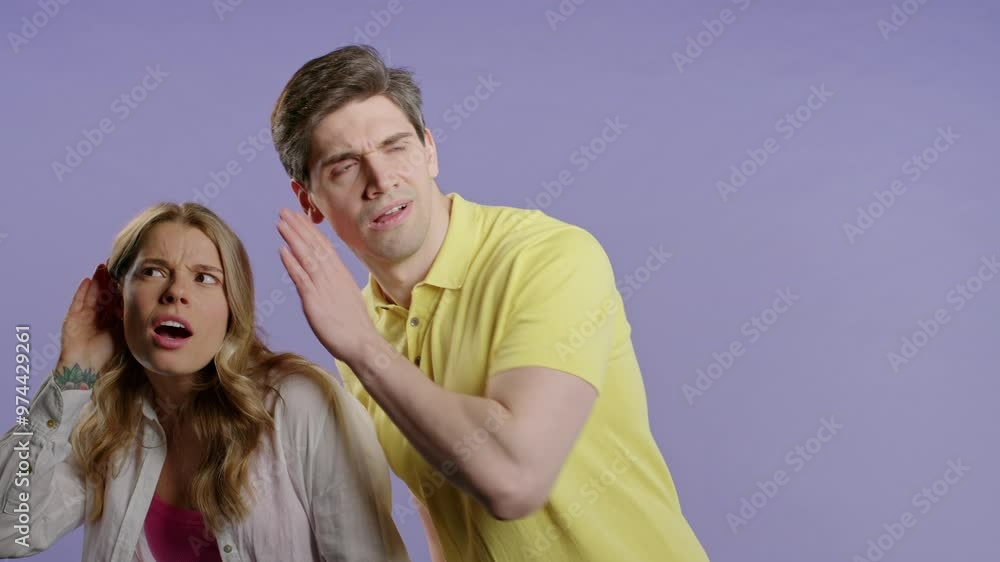 Young couple overhears something. Gossiper Pretty Woman and Man on Violet Studio Young couple overhears something. Gossiper Pretty Woman and Man on Violet Studio