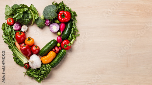 Fresh organic vegetables arranged in heart shape on wooden surface