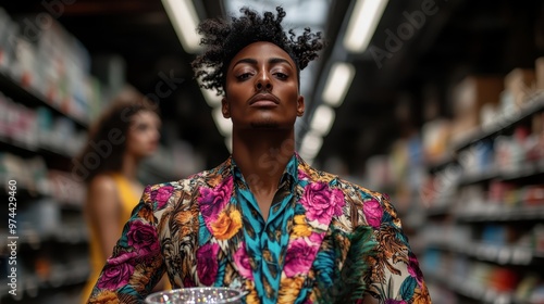 A man exudes confidence as he stands amidst an aisle of a store, wearing a floral suit with vibrant colors, encapsulating a bold fashion statement.