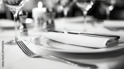 A black and white image of a table setting with a white napkin, knife, and fork on a plate.