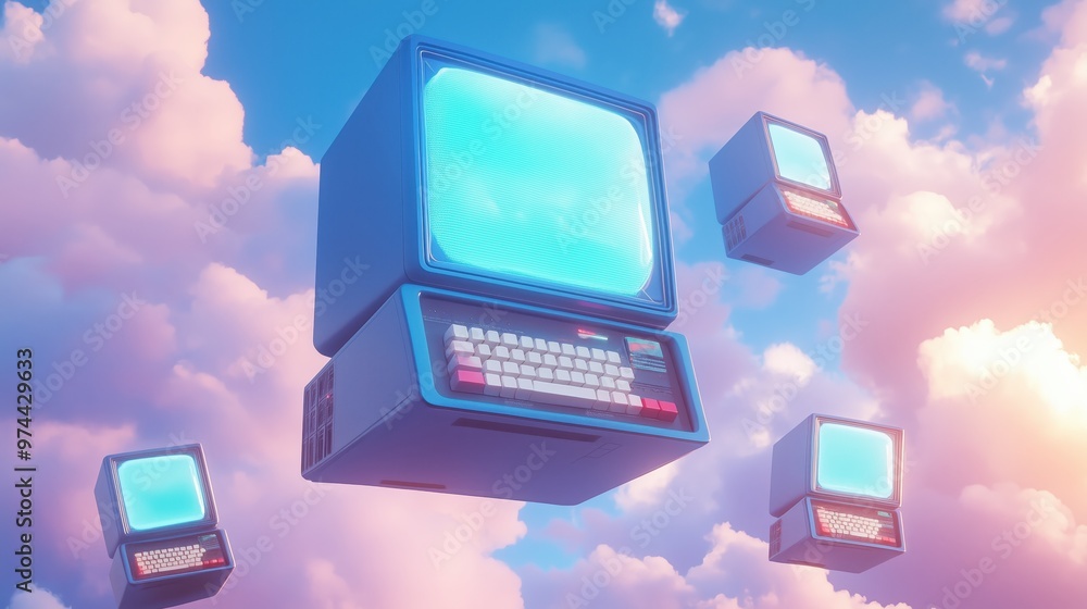 Surreal Floating Retro Computers in a Vibrant Sky Surreal Floating Retro Computers in a Vibrant Sky