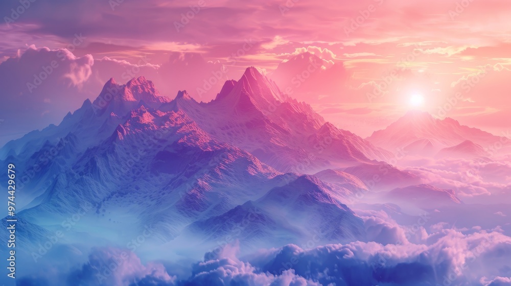 Fototapeta premium A dreamy mountain range in soft pastel colors with misty clouds, creating a surreal and tranquil atmosphere at sunrise.