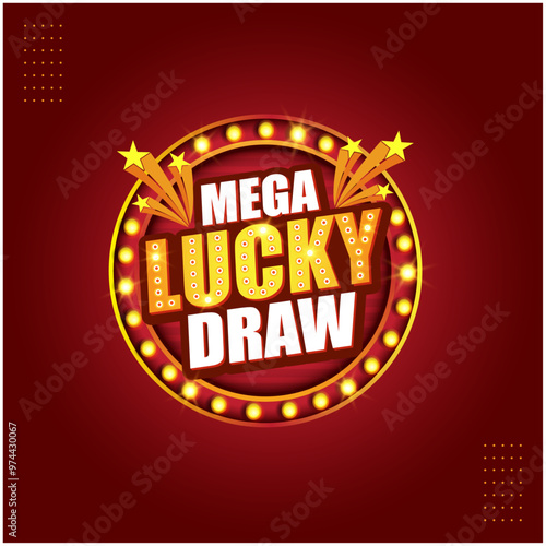 Mega Lucky Draw 3D Style Effect. Retro Vintage Elegant text effect with red and gold Background Vector Design Logo Unit 