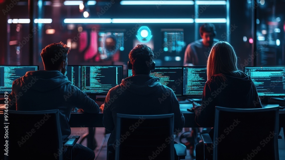 Cyberpunk-Inspired Office Environment with Glowing Displays Cyberpunk-Inspired Office Environment with Glowing Displays