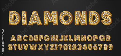 Luxury Gold Diamond Latin Font. Vector Alphabet with Sparkling Gems