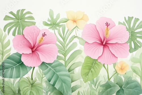 A vibrant illustration featuring pink hibiscus flowers among lush green foliage, perfect for nature-themed designs.