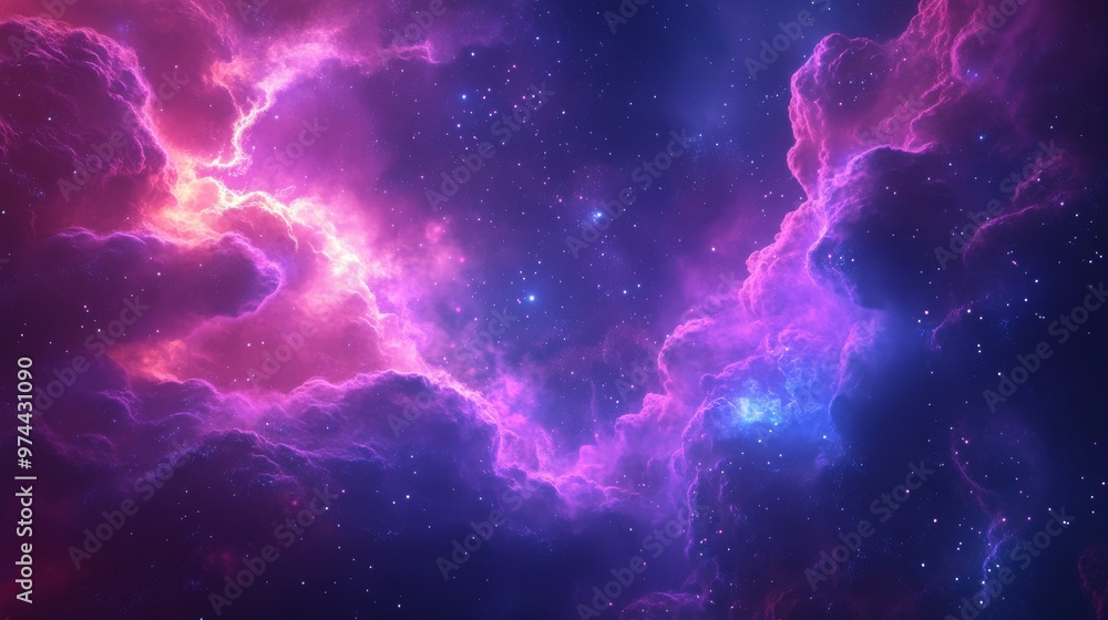 A captivating night sky adorned with shimmering stars and clouds. Gentle purple and blue light shines vibrantly from behind the clouds, adding a magical and lively touch to the scene. A captivating night sky adorned with shimmering stars and clouds. Gentle purple and blue light shines vibrantly from behind the clouds, adding a magical and lively touch to the scene.