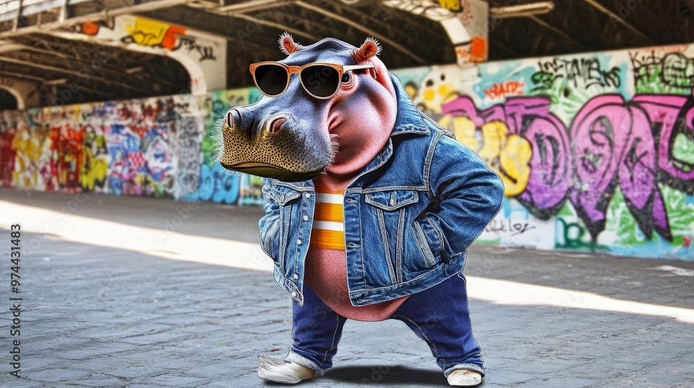 Obraz premium Hipster Hippo in Urban Setting
