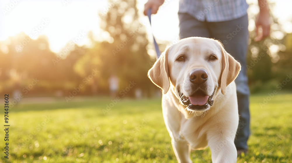 A guide dog leading a visually impaired person across a well-maintained green park, showcasing the partnership and guidance in a peaceful environment. photo A guide dog leading a visually impaired person across a well-maintained green park, showcasing the partnership and guidance in a peaceful environment. photo