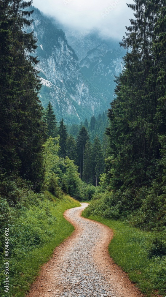 Fototapeta premium Serene Mountain Trail Through Dense Forest Leading to Towering Rocky Cliffs
