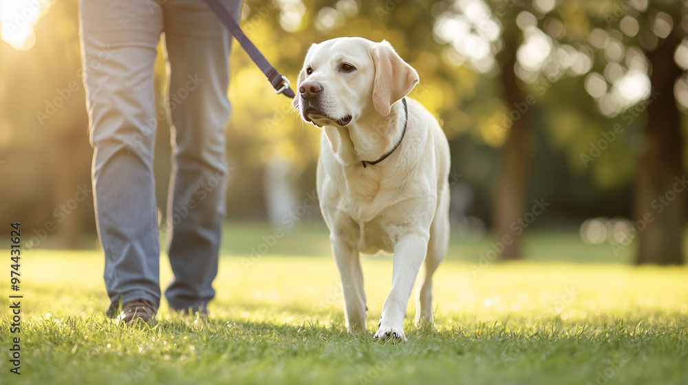 A guide dog leading a visually impaired person across a well-maintained green park, showcasing the partnership and guidance in a peaceful environment. photo A guide dog leading a visually impaired person across a well-maintained green park, showcasing the partnership and guidance in a peaceful environment. photo