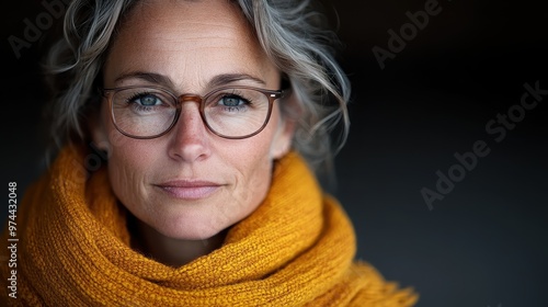 A graceful woman poses confidently with glasses and an amber scarf, showcasing a sophisticated blend of elegance and self-assured style against a dark background. photo