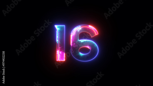 Glowing neon numeric number 16. 4 color neon futuristic effect. Trendy glow lighting