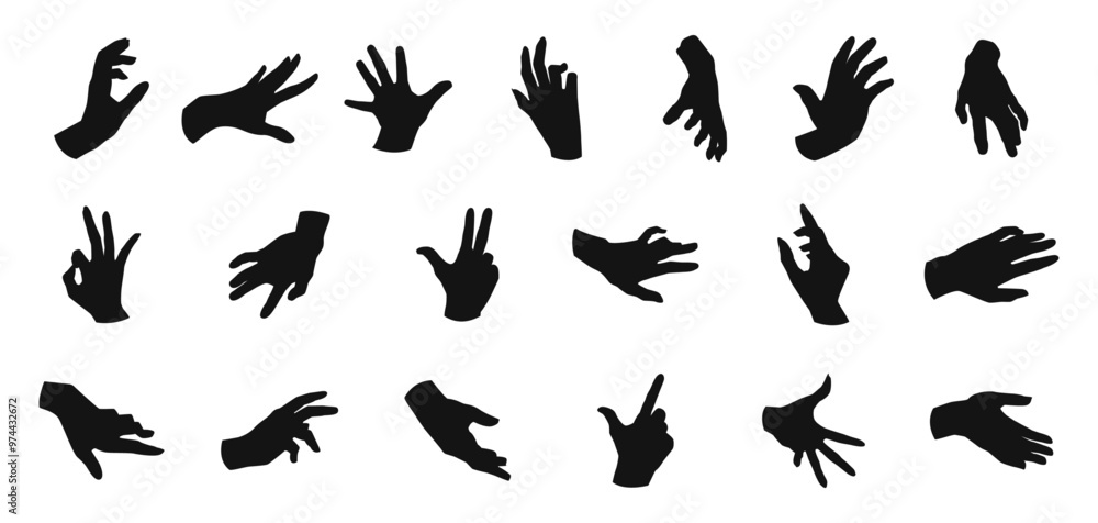 Set of various black silhouette woman hands. Vector collection of female hands of different gestures. Trendy minimal style for logos, prints, designs, illustrations. Set of various black silhouette woman hands. Vector collection of female hands of different gestures. Trendy minimal style for logos, prints, designs, illustrations.