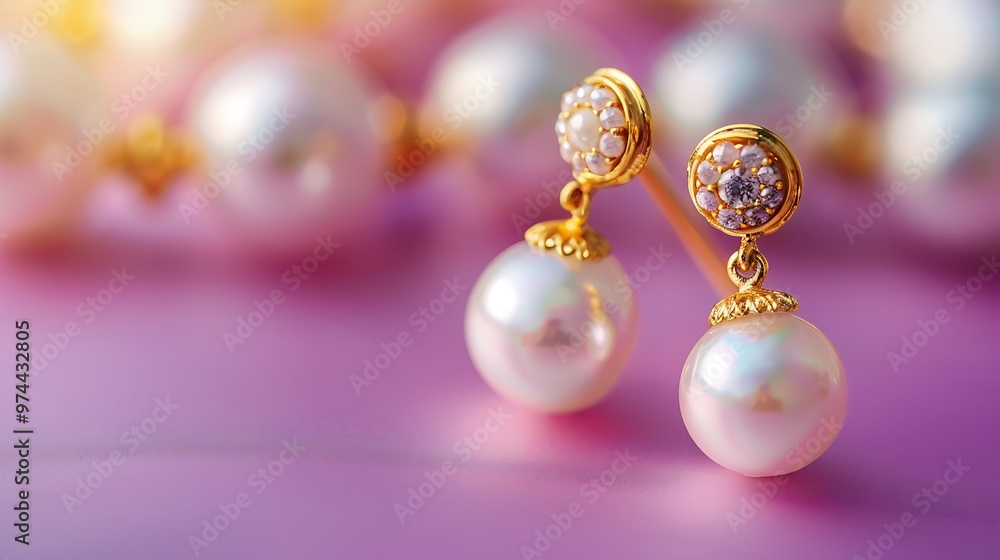 golden earrings with pearls on pink and purple background golden earrings with pearls on pink and purple background
