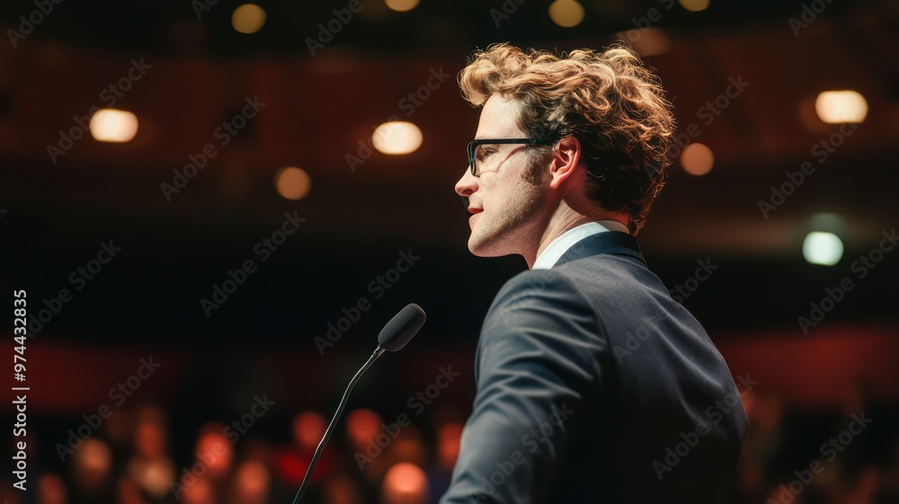 Professional speaker at a conference created with Generative AI Professional speaker at a conference created with Generative AI
