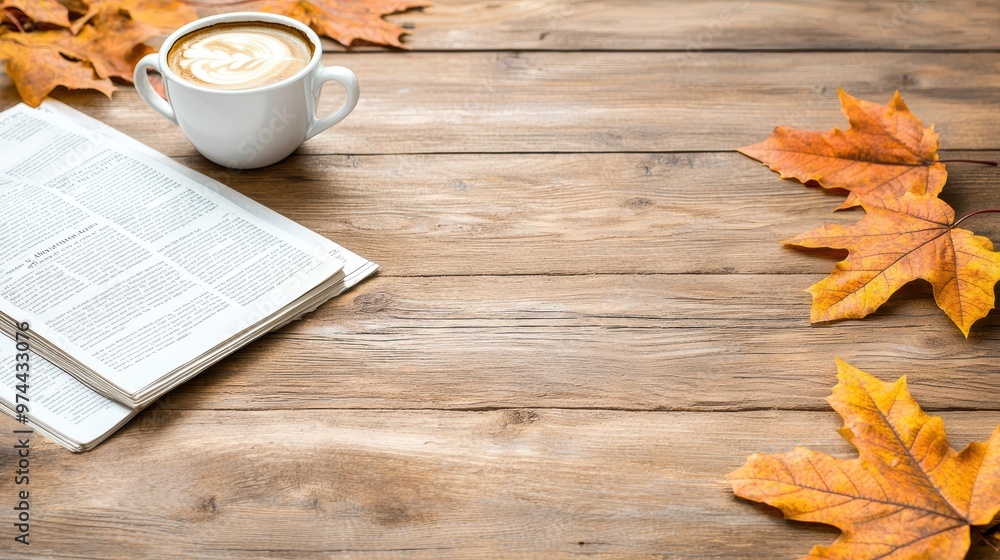 Autumnal Tabletop Scene with Coffee, Book and Leaves Autumnal Tabletop Scene with Coffee, Book and Leaves