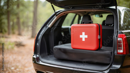 First aid kit and medical emergency equipment in car boot. Red first aid box packed in car. Road accident and travel injury