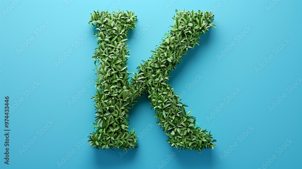 green grass letter K on blue background green grass letter K on blue background