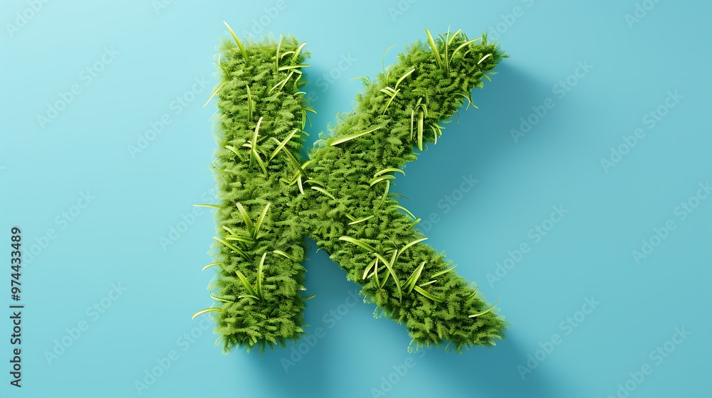 green grass letter K on blue background green grass letter K on blue background