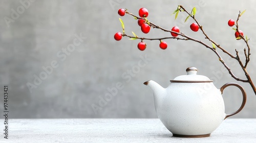 White Teapot and Branch with Red Berries photo