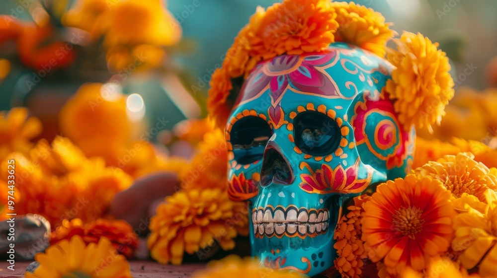 A lively Día de los Muertos altar, bursting with painted skulls, marigold blooms, and glowing candles, pays homage to Mexico’s cultural legacy. A lively Día de los Muertos altar, bursting with painted skulls, marigold blooms, and glowing candles, pays homage to Mexico’s cultural legacy.