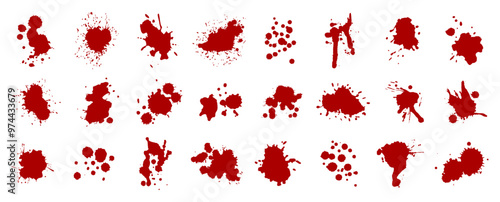 Blood splatter. Halloween party spooky decorations, red dripping blood splash. Grunge blood drops silhouettes flat vector illustration set