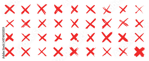 Red Cross Marks Vector Set, Error Icons, Decline Symbols, Cancel Buttons. Hand-drawn, Geometric Rejection Signs for Web Design, Apps on White Background